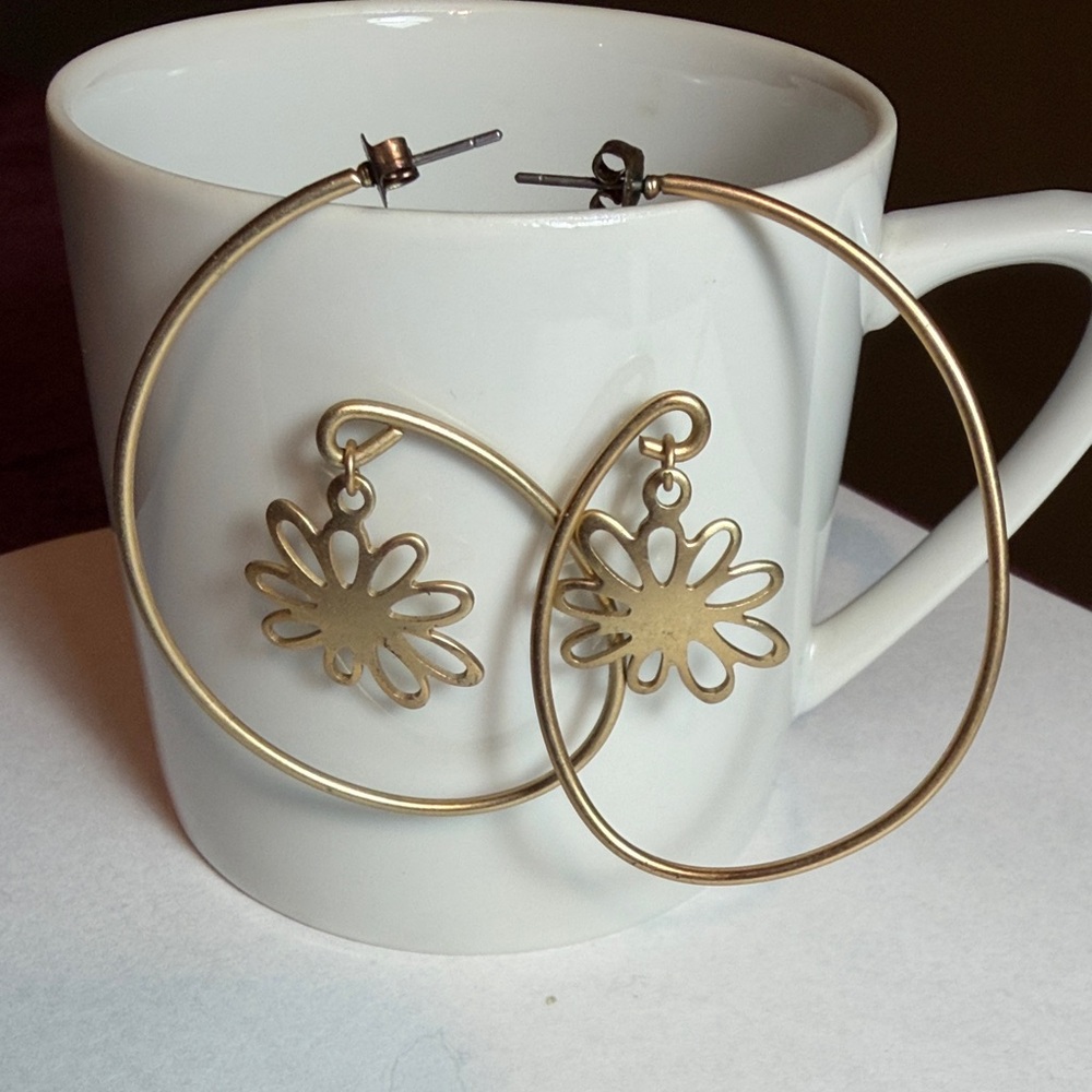 Large Gold Floral  Dangle Hoop Earrings Whimsical Boho Vintage